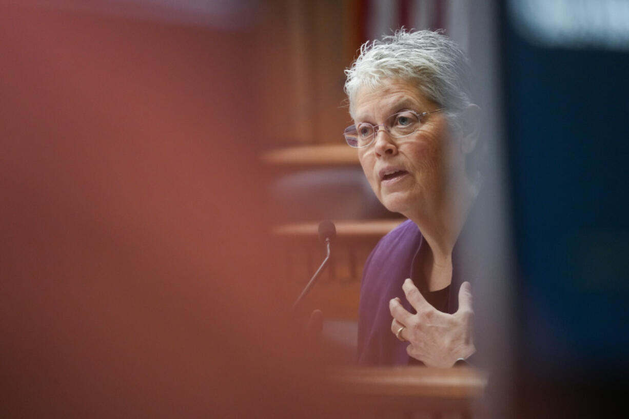 Speaker of the House Laurie Jinkins, D-Tacoma, speaks during a legislative session preview Thursday at the Capitol in Olympia.