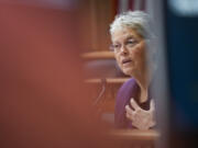 Speaker of the House Laurie Jinkins, D-Tacoma, speaks during a legislative session preview in the Cherberg Building at the Capitol, Thursday, Jan. 4, 2024, in Olympia, Wash.