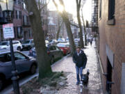 FILE - A passer-by walks their dog in a residential area near the Statehouse on Beacon Hill, Feb. 13, 2023, in Boston. A winter weather system moving through the U.S. is expected to wallop the East Coast this weekend, Saturday, Jan. 6, 2024, into Sunday, Jan. 7, with a mix of snow and freezing rain from the southern Appalachians to the Northeast &mdash; although it&rsquo;s too early to say exactly which areas will get what precipitation and how much.