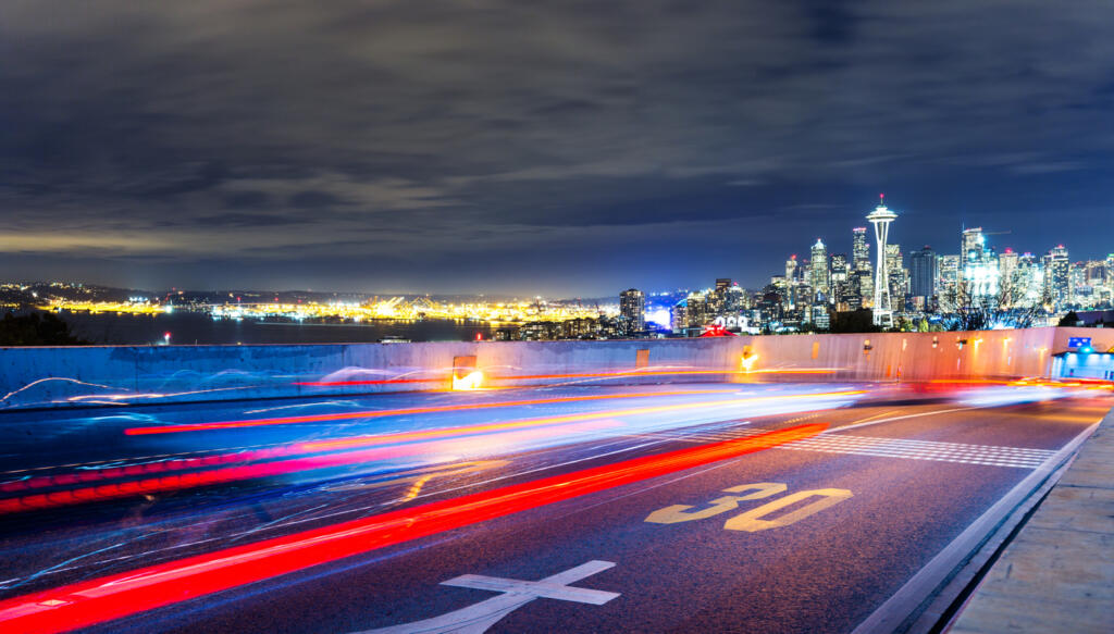 Traffic sips along a freeway in Seattle.