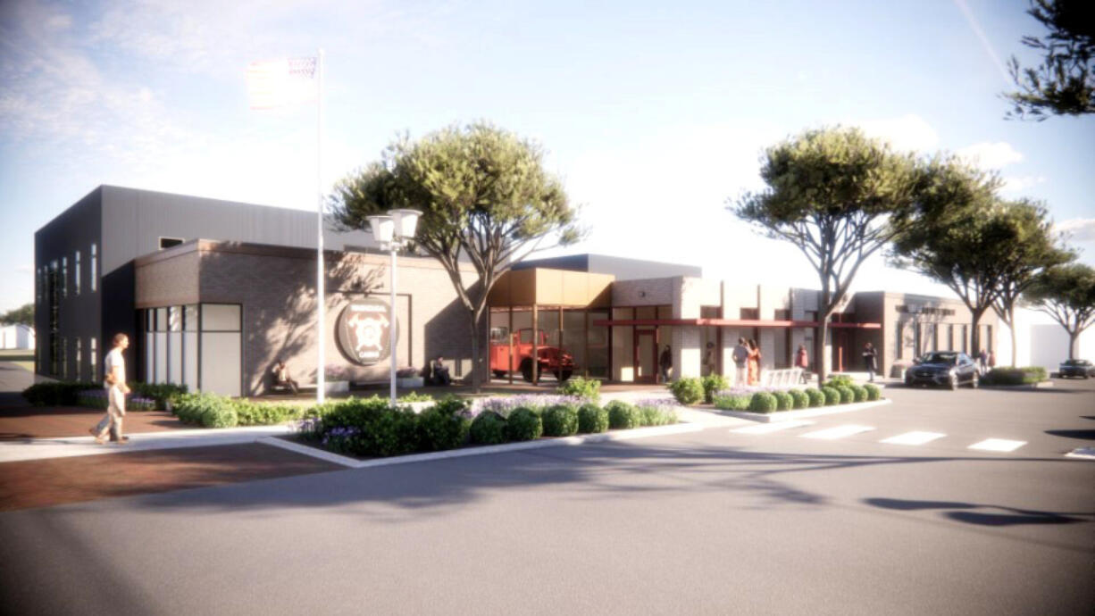 A rendering shows a design idea for a future Camas-Washougal Fire Department headquarters station in downtown Camas.