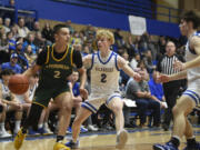 Evergreen’s Dez Daniel (2) looks to drive against Kelso during a 3A GSHL boys basketball game on Monday, Feb. 5, 2024, at Kelso High School.