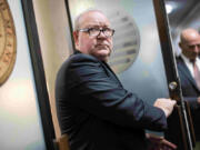 Rep. Larry Bucshon leaves a House Republican Conference meeting in the Longworth Building in October 2023.