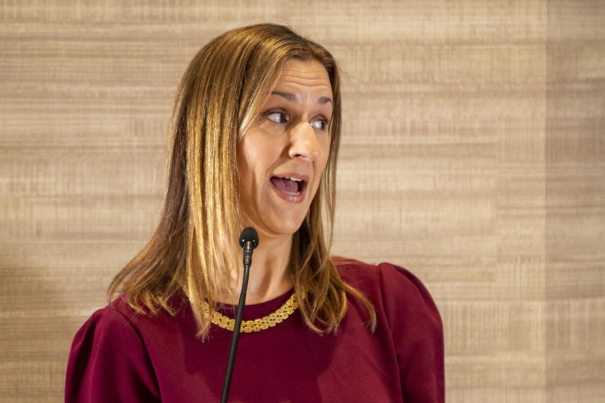 Then-Ridgefield Mayor Jennifer Lindsay talks to a crowd April 24, 2023, during the ribbon-cutting ceremony for the new ilani Hotel.