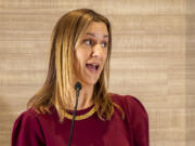 Then-Ridgefield Mayor Jennifer Lindsay talks to a crowd April 24, 2023, during the ribbon-cutting ceremony for the new ilani Hotel.