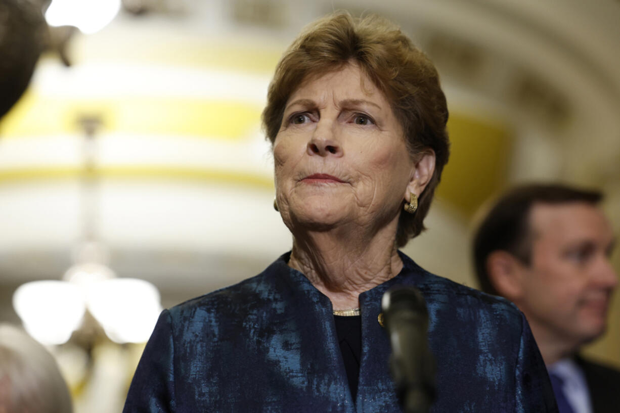 Sen. Jeanne Shaheen (D-NH) speaks during a news conference following the weekly Senate Democratic policy luncheon meeting at the U.S. Capitol Building on Sept. 19, 2023, in Washington, DC. Senate Democrats spoke to reporters about the House Republicans&rsquo; negotiation on government funding legislation.