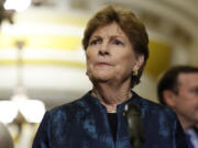 Sen. Jeanne Shaheen (D-NH) speaks during a news conference following the weekly Senate Democratic policy luncheon meeting at the U.S. Capitol Building on Sept. 19, 2023, in Washington, DC. Senate Democrats spoke to reporters about the House Republicans&rsquo; negotiation on government funding legislation.