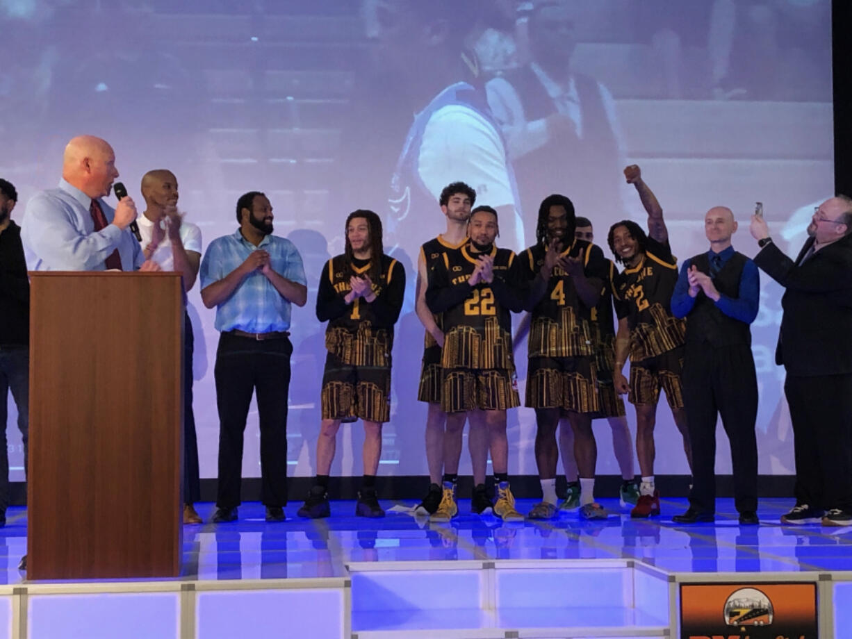 Vancouver Volcanoes basketball players and coaches are introduced during the team&rsquo;s media day on Feb. 8, 2024 at RV Inn Style Convention Center in Hazel Dell. The team opens its season March 1 and plays the first of 10 home games March 8 at Clark College.