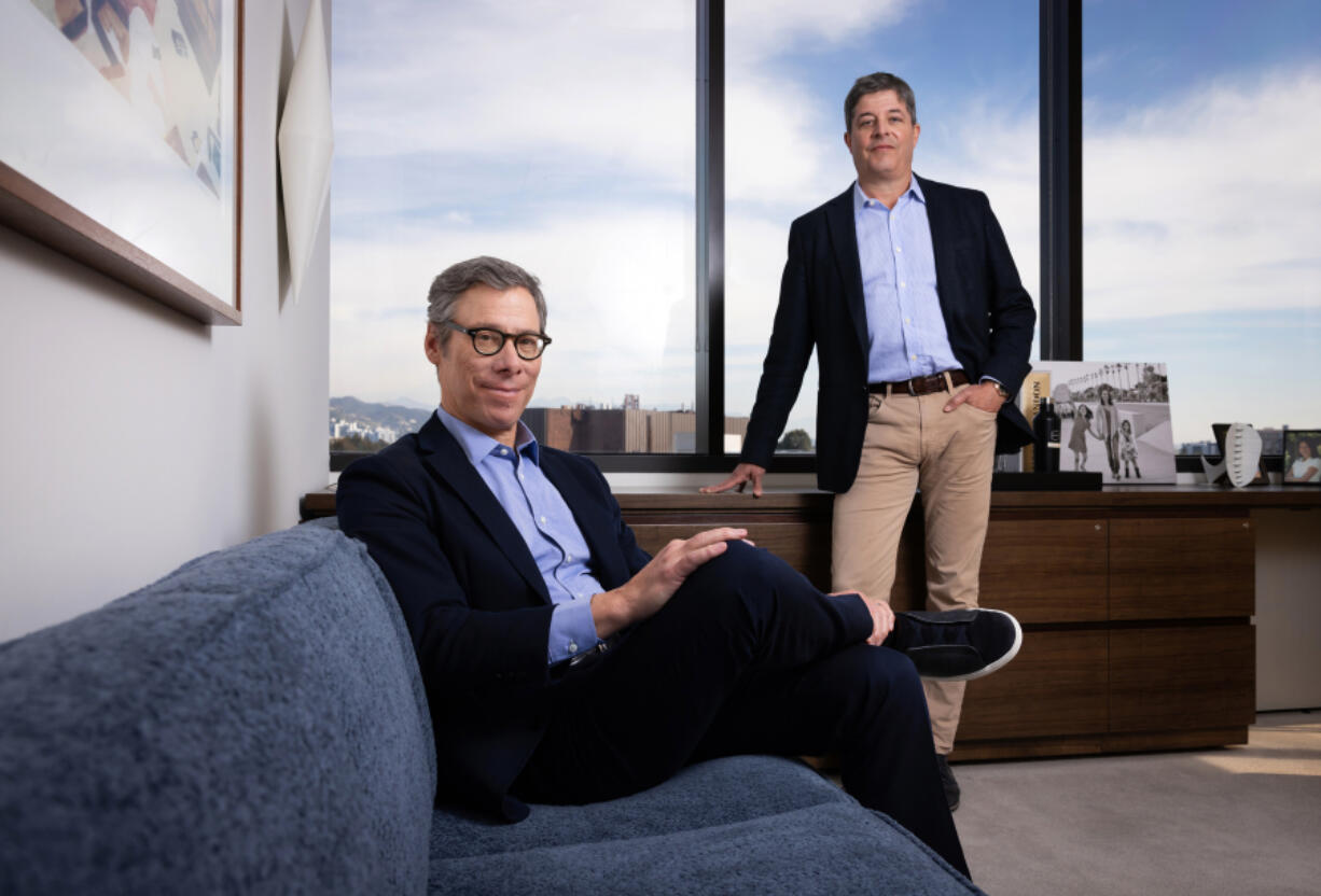 Rich Klubeck, left, partner in UTA&rsquo;s motion picture group, and Dan Erlij, partner and co-head of UTA&rsquo;s television literary department, at United Talent Agency on Feb. 13, 2024, in Beverly Hills, California.