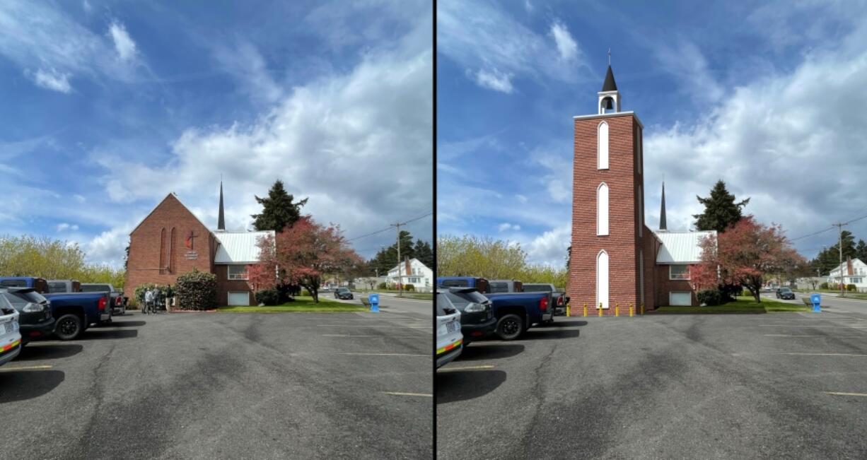 An illustration shows the current Camas Methodist Church (left) and the church as it would appear with a 60-foot cellular tower disguised by an 88-foot, brick bell tower, spire and cross (right).