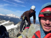 Andrew Okerlund, right, and Kevin Hsu complete the &ldquo;Dark to Bonanza&rdquo; traverse in Washington&rsquo;s North Cascades mountain range in 2023.