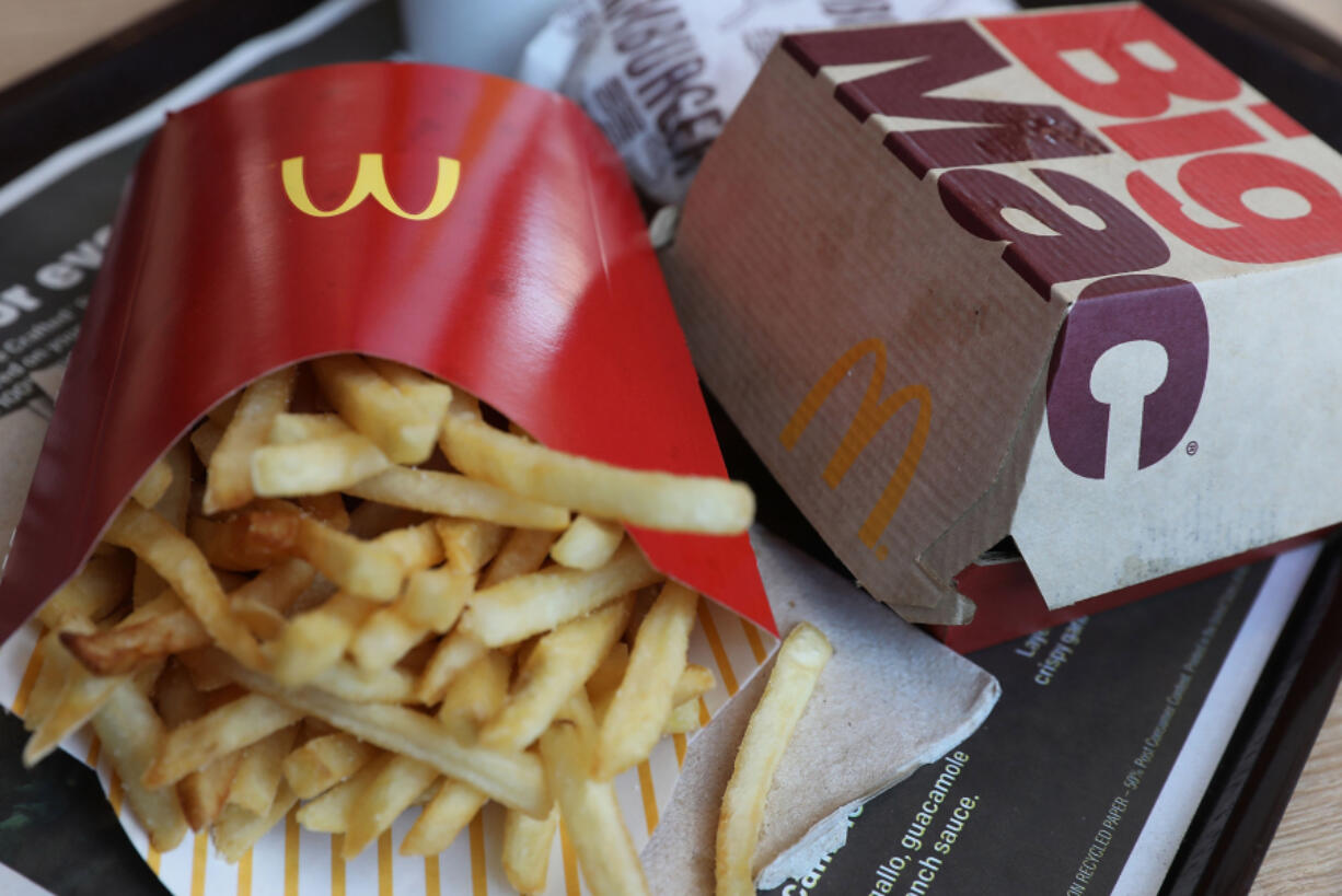 AMcDonald&rsquo;s Big Mac, double hamburger and french fries are seen on a tray on April 30, 2018 in Miami, Fla.