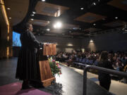 Clark College President Karin Edwards speaks to the crowd while giving her State of the College address Wednesday morning. The speech provided updates on enrollment and other metrics, as well as previewed a strategic planning process set for the coming months.