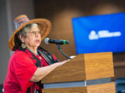 Patty Kinswa-Gaiser, chairwoman of the Cowlitz Indian Tribe, speaks at the ribbon-cutting ceremony Monday at ilani.