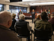 Sen. Ann Rivers, R-La Center, responds to a voter&rsquo;s question at a Feb. 19 town hall in Battle Ground.