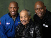 NASA astronauts Victor Glover, from left, Ed Dwight and Leland Melvin promote the National Geographic documentary film &ldquo;The Space Race&rdquo; during the Winter Television Critics Association Press Tour, Feb. 8, at The Langham Huntington Hotel in Pasadena, Calif.