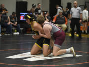 Hudson's Bay senior Talan Guerrero, left, wrestles against Kyle Nowels of W.F. West in the 190-pound title match at the 2A Boys Region 3 Wrestling Championships on Saturday, Feb. 10, 2024 at Washougal High School (Micah Rice/The Columbian).