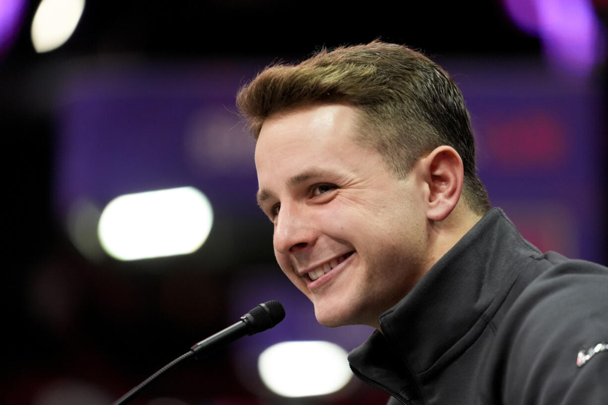 San Francisco 49ers quarterback Brock Purdy speaks to the media during NFL football Super Bowl 58 opening night Monday, Feb. 5, 2024, in Las Vegas. The San Francisco 49ers face the Kansas City Chiefs in Super Bowl 58 on Sunday.