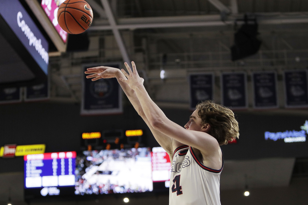 Gonzaga guard Dusty Stromer shoots during the second half of the team's NCAA college basketball game against Santa Clara, Saturday, Feb. 24, 2024, in Spokane, Wash.