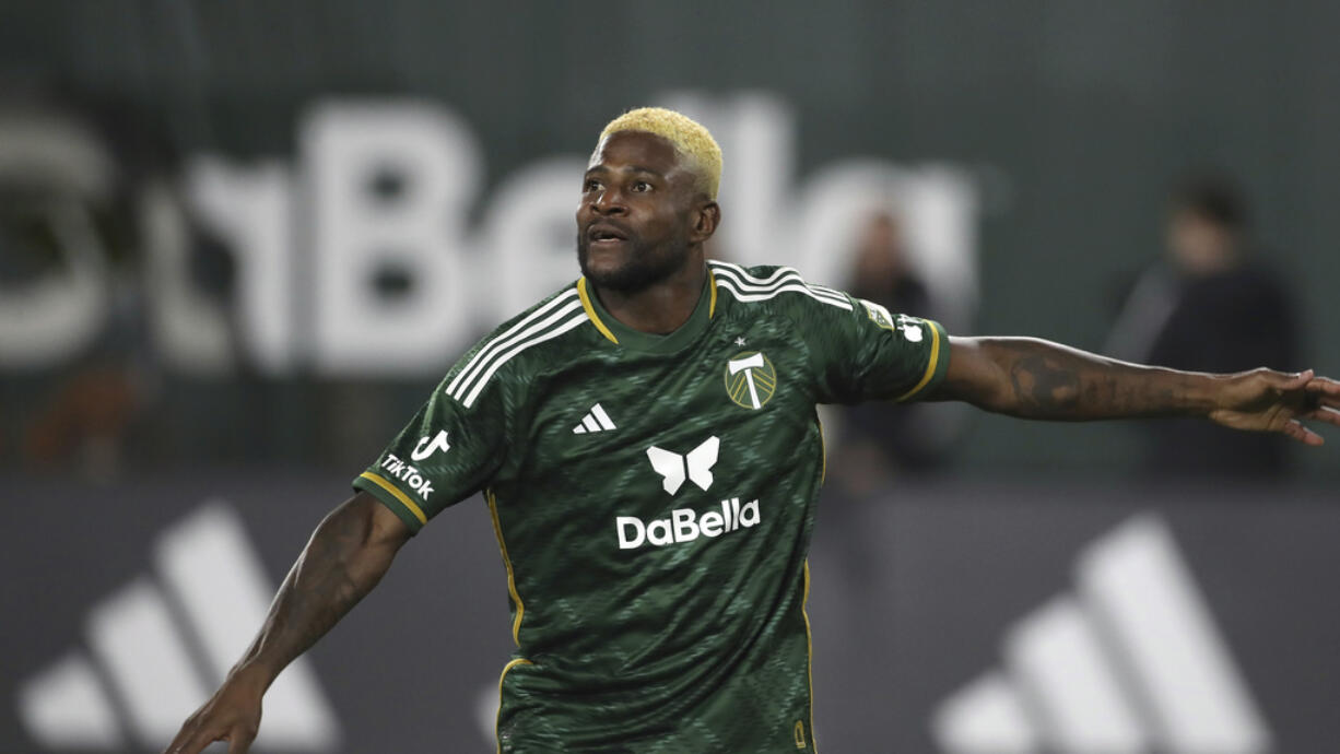 Portland Timbers forward Dairon Asprilla (27) plays during an MLS soccer match against the Colorado Rapids, Saturday, Feb. 24, 2024, in Portland, Ore.