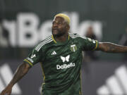 Portland Timbers forward Dairon Asprilla (27) plays during an MLS soccer match against the Colorado Rapids, Saturday, Feb. 24, 2024, in Portland, Ore.