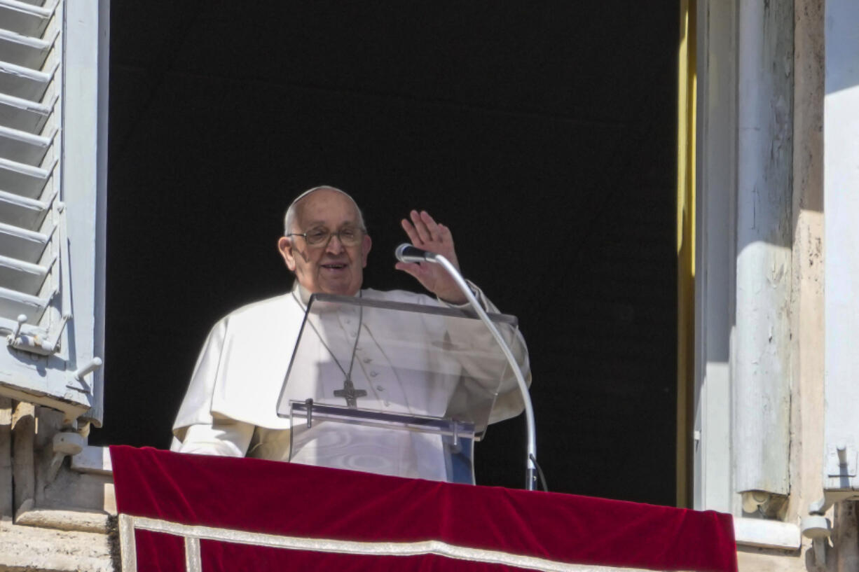 Pope Francis appears at the window of his studio overlooking St. Peter&rsquo;s Square at The Vatican for the traditional Sunday noon blessing of faithful and pilgrims gathered in the Square for the Angelus prayer, Sunday, Feb. 25, 2024. Pope Francis had canceled an audience scheduled for Saturday as a precaution after coming down with mild flu, the Vatican press office said in a short statement, without adding further details.