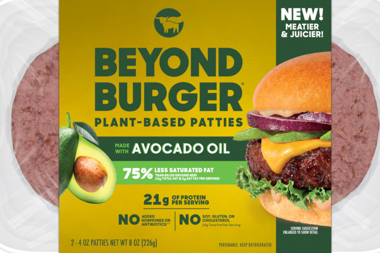 This image provided by Beyond Meat shows packaging for the latest iteration of the plant-based Beyond Burger. Beyond Meat, which has been struggling with falling U.S. demand, reformulated its burger to contain less fat and more protein. (Beyond Meat, Inc.