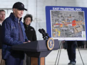 President Joe Biden speaks after touring the East Palestine Recovery Site on Friday in East Palestine, Ohio. Biden on Friday surveyed the federal cleanup  more than a year after an explosive fire from a derailed train carrying hazardous chemicals.