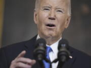 President Joe Biden delivers remarks on a $95 billion Ukraine Israel aid package being debated in Congress, in the State Dining Room of the White House, Tuesday, Feb. 13, 2024, in Washington.