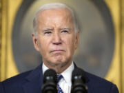 President Joe Biden speaks in the Diplomatic Reception Room of the White House, Thursday, Feb. 8, 2024, in Washington.