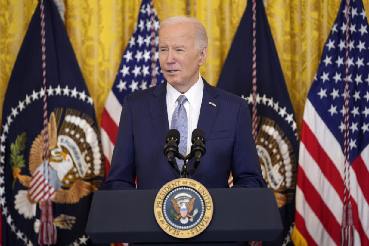 FILE - President Joe Biden speaks in the East Room of the White House, Feb. 23, 2024, in Washington. Biden will convene the top four congressional leaders at the White House on Tuesday, Feb. 27, to discuss the emergency aid package for Ukraine and Israel, as well as avoiding a government shutdown next month, according to an anonymous White House official. The top four leaders include House Speaker Mike Johnson, R-La., Senate Majority Leader Chuck Schumer, D-N.Y., House Minority Leader Hakeem Jeffries, D-N.Y., and Senate Minority Leader Mitch McConnell, R-Ky.