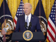 FILE - President Joe Biden speaks in the East Room of the White House, Feb. 23, 2024, in Washington. Biden will convene the top four congressional leaders at the White House on Tuesday, Feb. 27, to discuss the emergency aid package for Ukraine and Israel, as well as avoiding a government shutdown next month, according to an anonymous White House official. The top four leaders include House Speaker Mike Johnson, R-La., Senate Majority Leader Chuck Schumer, D-N.Y., House Minority Leader Hakeem Jeffries, D-N.Y., and Senate Minority Leader Mitch McConnell, R-Ky.