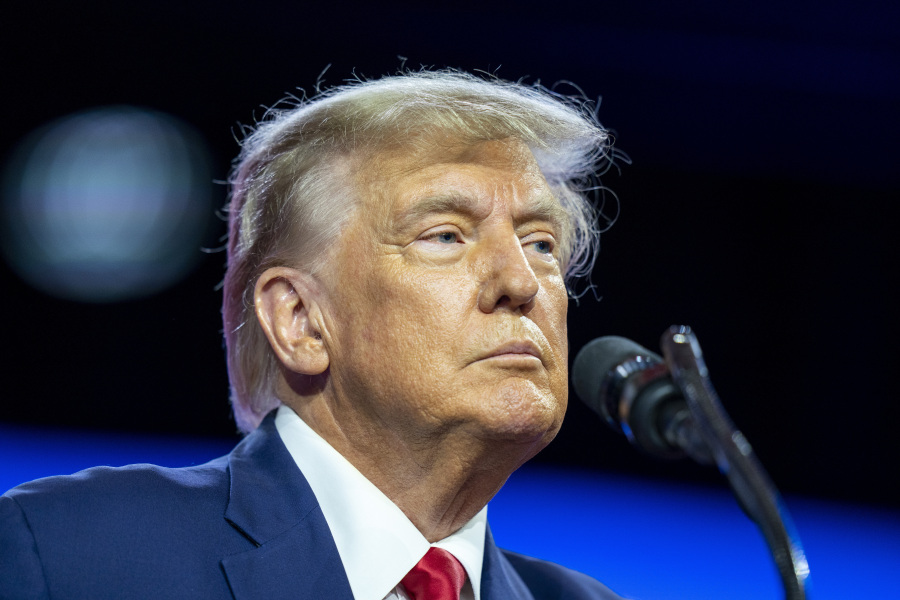 FILE - Former President Donald Trump speaks at the Conservative Political Action Conference, CPAC 2023, Saturday, March 4, 2023, at National Harbor in Oxon Hill, Md. A judge in London on Thursday, Feb. 1, 2024 threw out a lawsuit by former U.S. President Donald Trump accusing a former British spy of making &ldquo;shocking and scandalous claims&rdquo; that were false and harmed his reputation. Judge Karen Steyn said the case Trump filed against Orbis Business Intelligence should be dismissed.