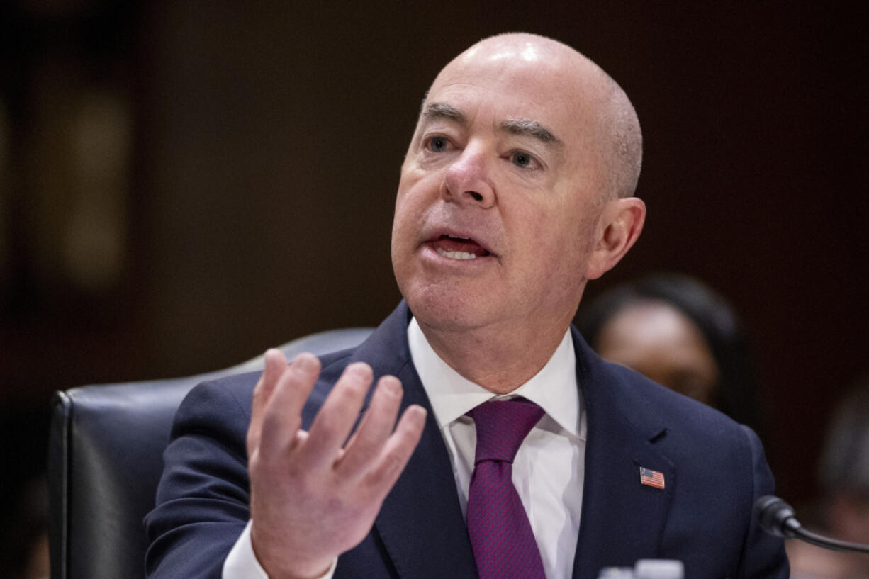 FILE - Homeland Security Secretary Alejandro Mayorkas testifies during a hearing of the Senate Appropriations Committee on Capitol Hill, Nov. 8, 2023, in Washington. But the chamber is expected to spend far less time on the impending trial of Mayorkas than for former President Donald Trump&rsquo;s two trials, or maybe no time at all. The Republican-controlled House impeached Mayorkas Feb. 13, 2024, over the Biden administration&rsquo;s handling of the U.S.-Mexico border. But two thirds of the Senate would be needed to convict Mayorkas, and no Democrats have signaled openness to voting to remove him from office.