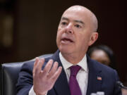 FILE - Homeland Security Secretary Alejandro Mayorkas testifies during a hearing of the Senate Appropriations Committee on Capitol Hill, Nov. 8, 2023, in Washington. But the chamber is expected to spend far less time on the impending trial of Mayorkas than for former President Donald Trump&rsquo;s two trials, or maybe no time at all. The Republican-controlled House impeached Mayorkas Feb. 13, 2024, over the Biden administration&rsquo;s handling of the U.S.-Mexico border. But two thirds of the Senate would be needed to convict Mayorkas, and no Democrats have signaled openness to voting to remove him from office.