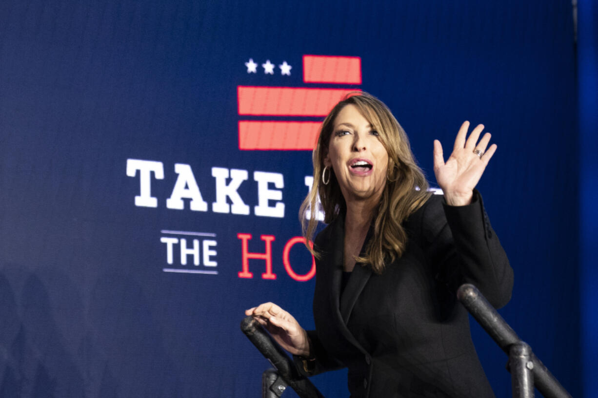 FILE - Republican National Committee chair Ronna McDaniel arrives on stage before House Minority Leader Kevin McCarthy of Calif., speaks at an event Nov. 9, 2022, in Washington.  McDaniel says she will leave her post on March 8. She&rsquo;s leaving the GOP&rsquo;s national leadership as Donald Trump moves toward another presidential nomination and asserts new control over the party.