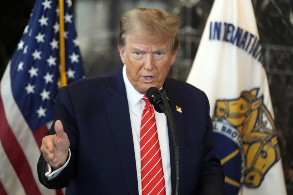 Republican presidential candidate former President Donald Trump speaks after meeting with members of the International Brotherhood of Teamsters at their headquarters in Washington, Wednesday, Jan. 31, 2024.