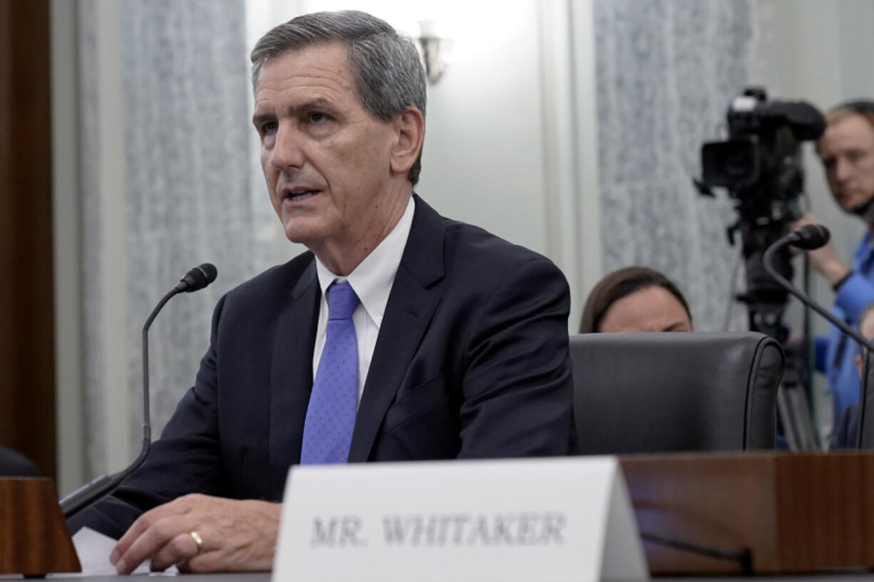 FILE - Michael Whitaker testifies during his nomination to be administrator of the Federal Aviation Administration, Department of Transportation, Oct. 4, 2023, on Capitol Hill in Washington. FAA Administrator Whitaker says the agency will use more people to monitor aircraft manufacturing and hold Boeing accountable for any violations of safety regulations. Whitaker is expected to face a barrage of questions Tuesday, Feb. 5, 2024, about FAA oversight of the company since a door panel blew off a Boeing 737 Max 9 jetliner over Oregon last month.