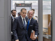 Hunter Biden, left, son of President Joe Biden, arrives with attorney Abbe Lowell at the O&rsquo;Neill House Office Building for a closed-door deposition in a Republican-led investigation into the Biden family, on Capitol Hill in Washington, Wednesday, Feb. 28, 2024. Lawmakers from the House Oversight and Accountability Committee and the House Judiciary Committee are conducting the inquiry. (AP Photo/J.