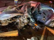 Little remains of a 1992 Honda Accord that was involved in a head-on collision with a wrong-way driver on northbound Interstate 5 near Mill Plain Boulevard early Saturday morning.