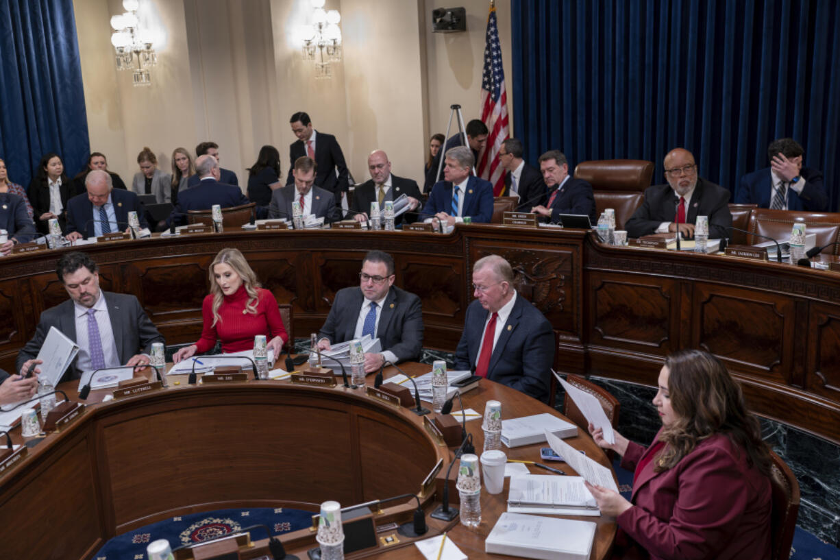 Republicans on the House Homeland Security Committee move to impeach Secretary of Homeland Security Alejandro Mayorkas over the crisis at the U.S.-Mexico border, at the Capitol in Washington, Tuesday, Jan. 30, 2024. Democrats call the proceedings a sham ordered up by Donald Trump, the GOP presidential front-runner, who opposes an emerging bipartisan border security package in the Senate. (AP Photo/J.