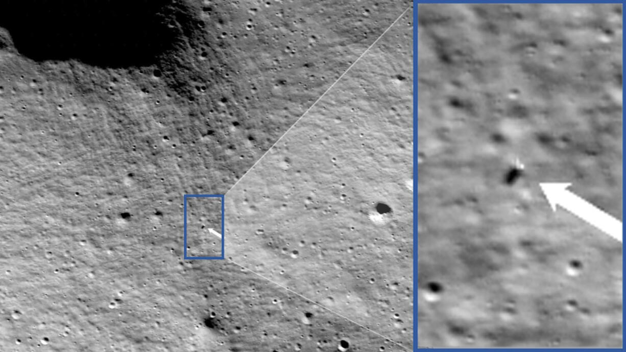 These photos provided by NASA show images from NASA&rsquo;s Lunar Reconnaissance Orbiter Camera team which confirmed Odysseus completed its landing. After traveling more than 600,000 miles, Odysseus landed within 1.5 km of its intended Malapert A landing site, using a contingent laser range-finding system patched hours before landing.