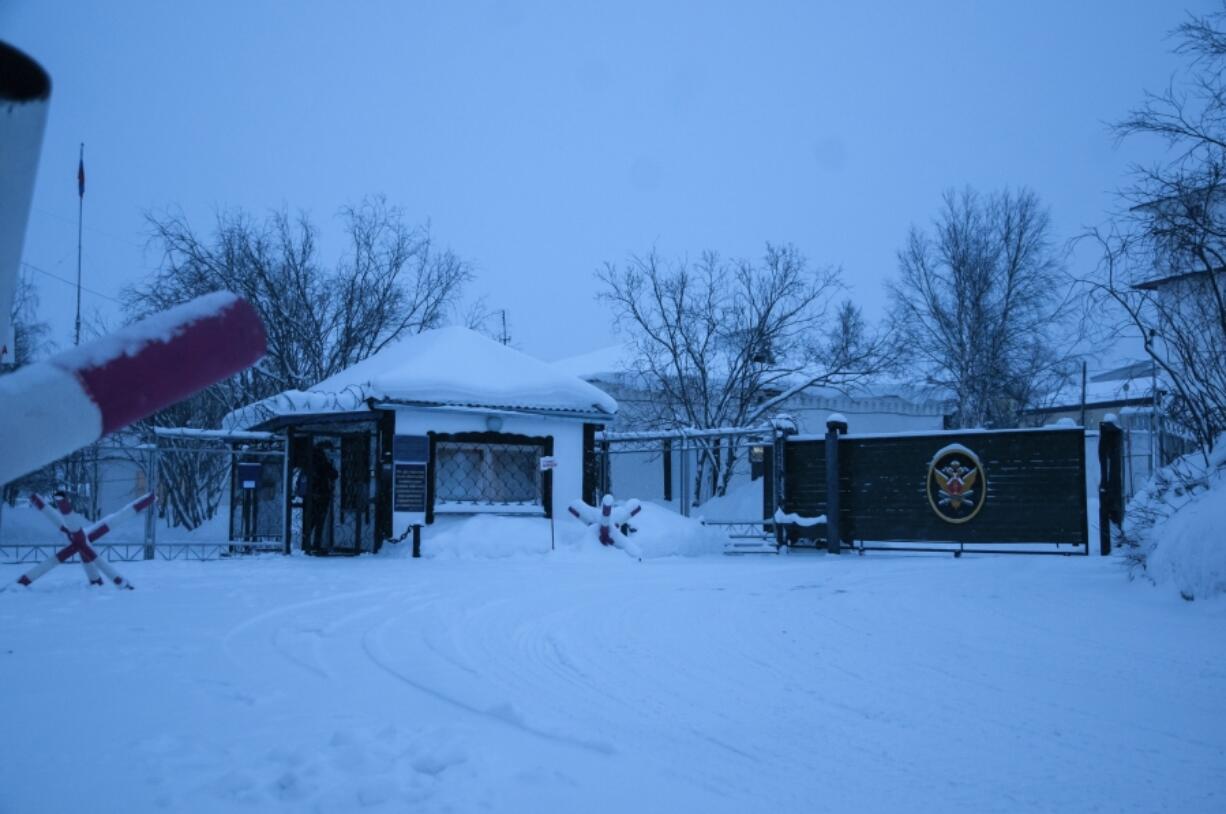 FILE - A view of the entrance of the prison colony in the town of Kharp, in the Yamalo-Nenetsk region about 1,900 kilometers (1,200 miles) northeast of Moscow, Russia, Tuesday, Jan. 23, 2024. Alexei Navalny, the fiercest foe of Russian President Vladimir Putin who crusaded against official corruption and staged massive anti-Kremlin protests, died in prison Friday Feb. 16, 2024 Russia&rsquo;s prison agency said. He was 47.