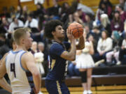 Kaiden Wilson of Seton Catholic attempts a free throws against Stevenson in a Trico League boys basketball game at Stevenson High School on Thursday, Feb. 1, 2024.