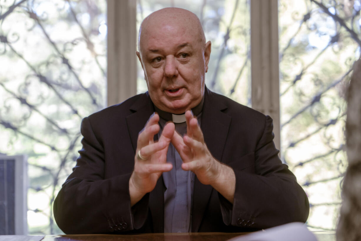 Prefect of the Archivio Apostolico Vaticano, Bishop Sergio Pagano speaks in his office at The Vatican, Wednesday, Feb. 14, 2024, during an interview with The Associated Press. In a new book-length interview with Italian journalist Massimo Franco, &ldquo;Secretum&rdquo;, Pagano divulges some of the unknown or behind-the-scenes details of well-known sagas of the Holy See and its relations with the outside world over the past 12 centuries. From Napoleon&rsquo;s sacking of the archive in 1810 to the Galileo affair and the peculiar conclave of 1922 that was financed almost entirely by donations from U.S. Catholics.