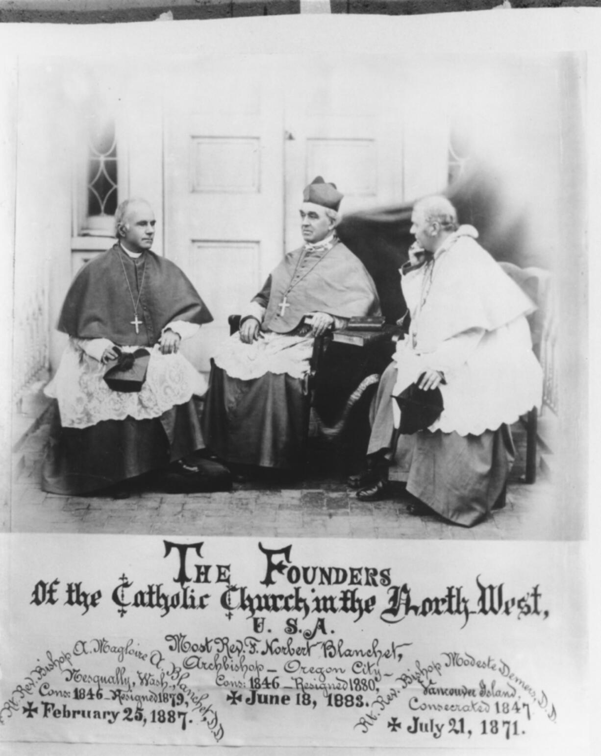 Three founders of the Catholic Church in the Pacific Northwest posed for a formal portrait on an unknown date. Left to right: Fathers Augustin Magloire Blanchet (1797-1887), Norbert Blanchet (1775-1883) and Modeste Demers (1809-1871).