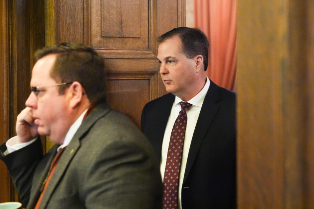 House Deputy Minority Leader Mike Steele, R-Chelan, arrives with Senate Minority Leader John Braun, R-Centralia, to provide the Republicans&rsquo; response to Gov. Jay Inslee&rsquo;s State of the State address on the second day of the legislative session at the Washington state Capitol, Tuesday, Jan. 9, 2024, in Olympia, Wash.