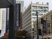 Nordstrom and Nordstrom Rack banners in downtown Seattle on Nov. 9, 2023.