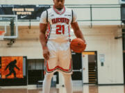 Vancouver Volcanoes starting forward Tyshon Pickett plays against the Salem Capitals on March 8, 2024 at Hudson's Bay High School.