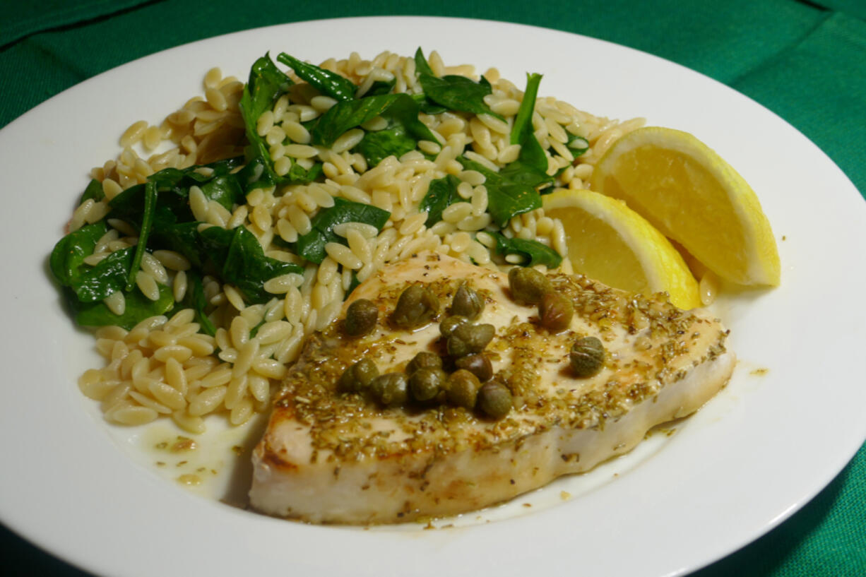 Rosemary, lemon, garlic swordfish with spinach orzo.